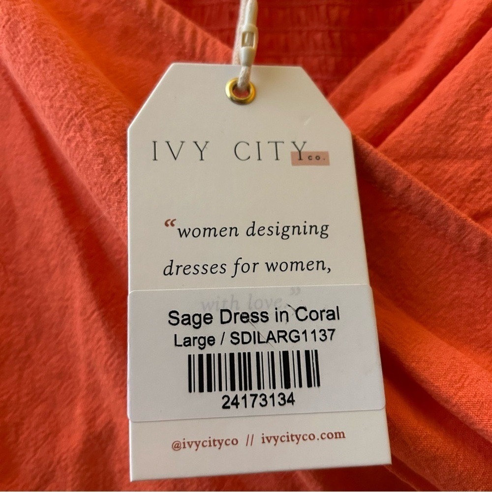 Ivy City Co. Sage Dress Puff Sleeve Mini Smocked Pockets Coral Orange NWT Size L - Picture 5 of 7